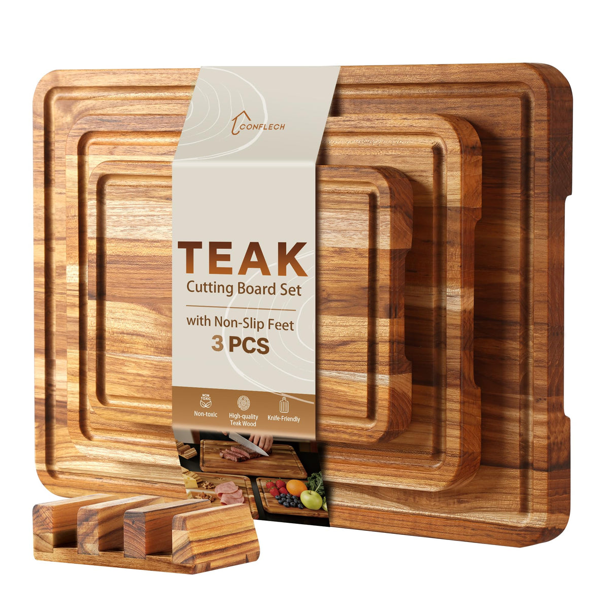 Conflech teak cutting board 10-inch showing rich wood grain for precise prep