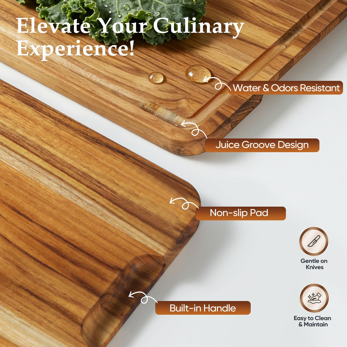 Conflech juice groove feature on teak board keeps counters clean