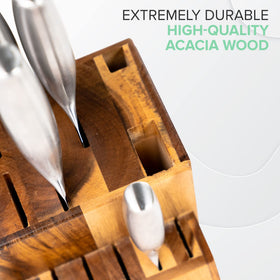 Coninx Acacia knife block grain detail highlights natural wood finish.
