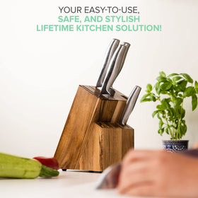 Coninx Acacia knife block long slots fit knives up to 8 inches.