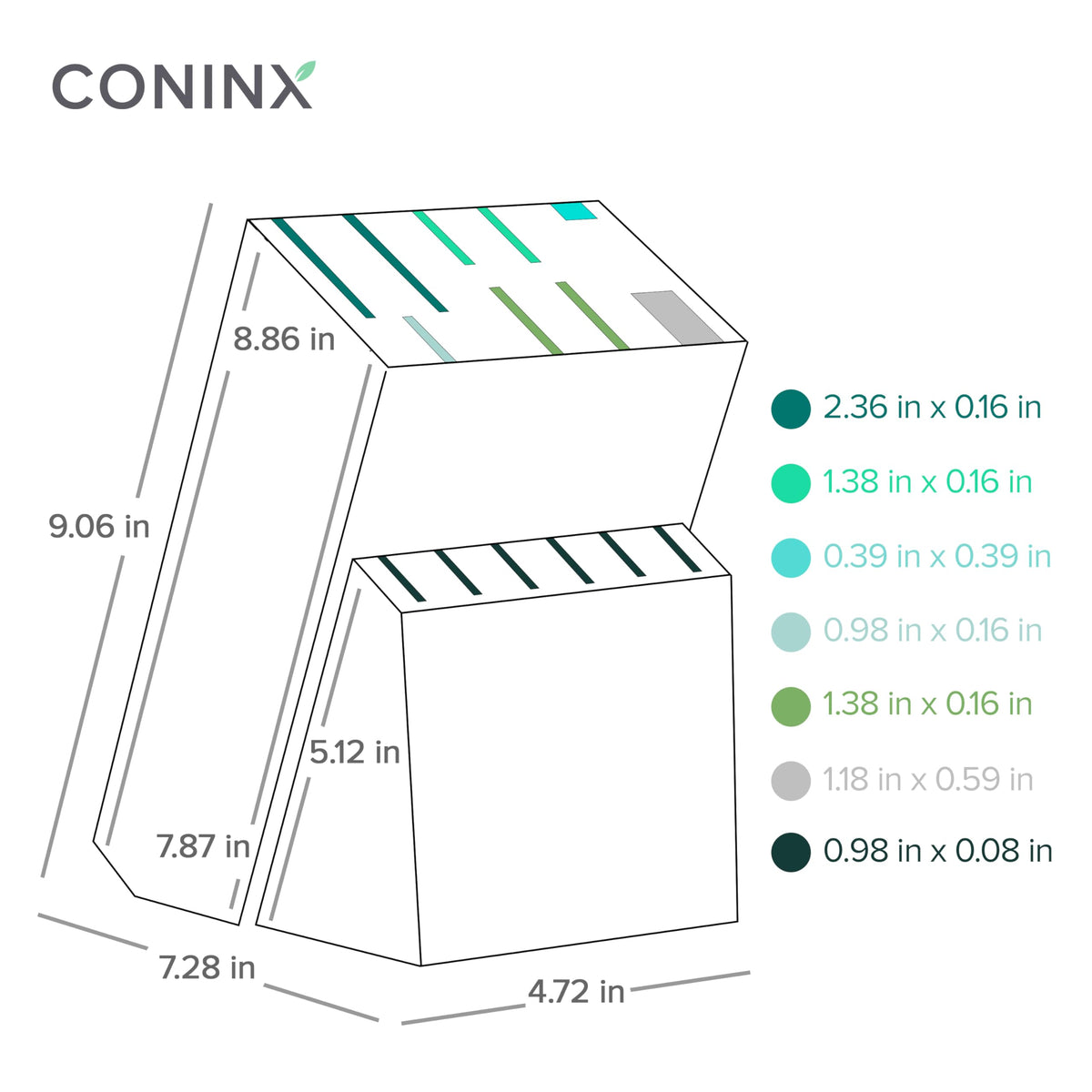 Coninx Acacia knife block side view shows compact footprint for tight counters.