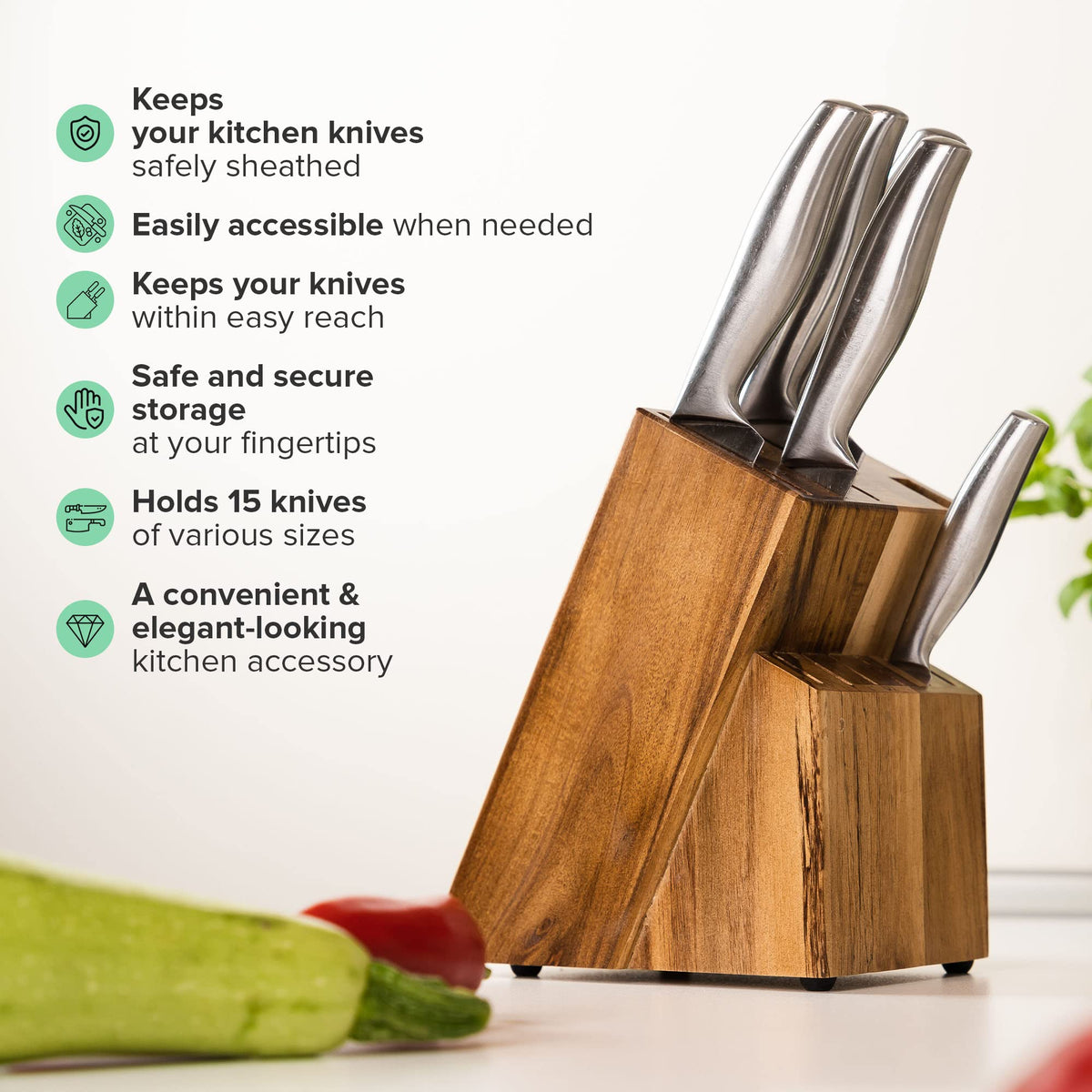 Coninx Acacia knife block base with rubber feet prevents slipping during prep.