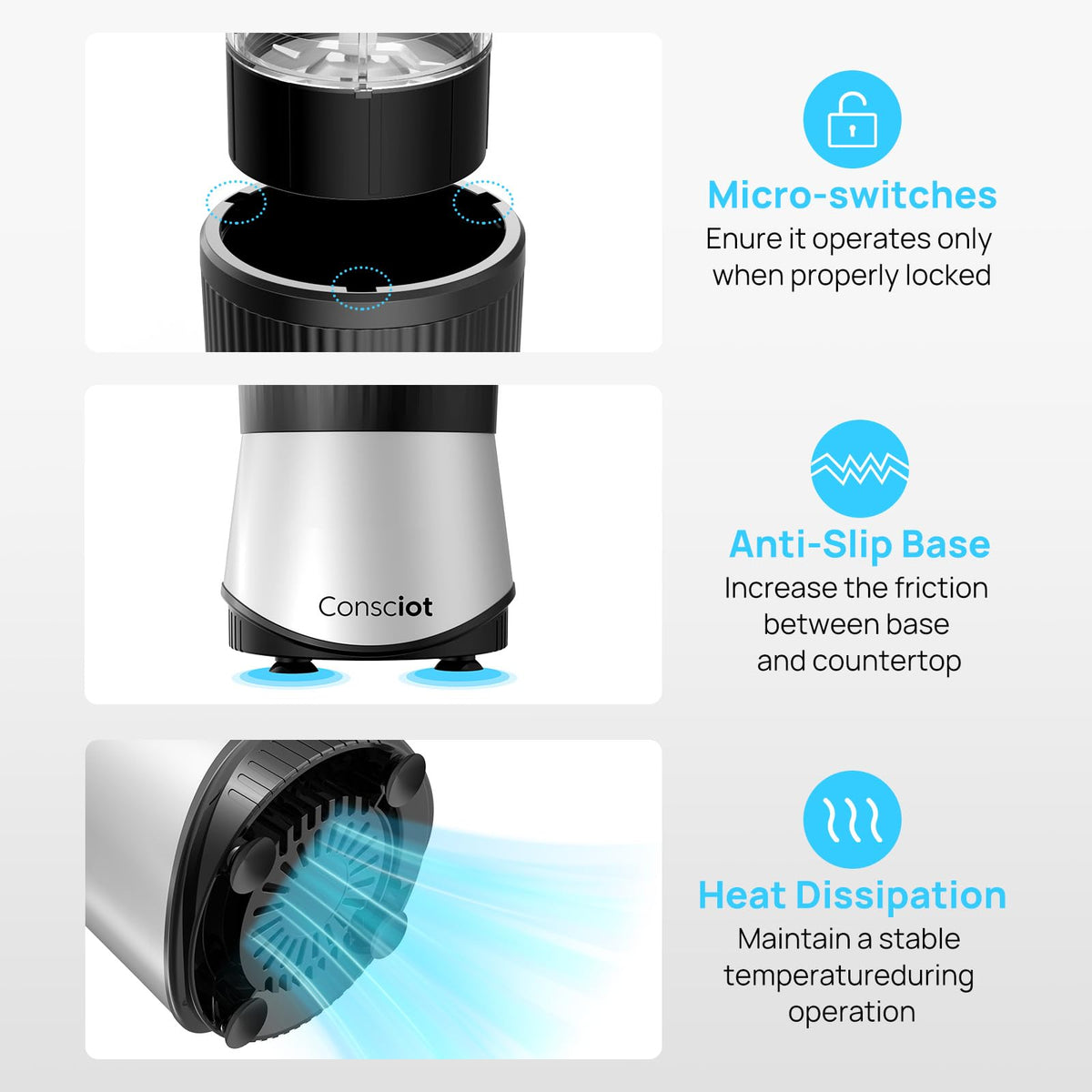 Consciot CB08 easy-clean design with dishwasher-safe cups and blades.