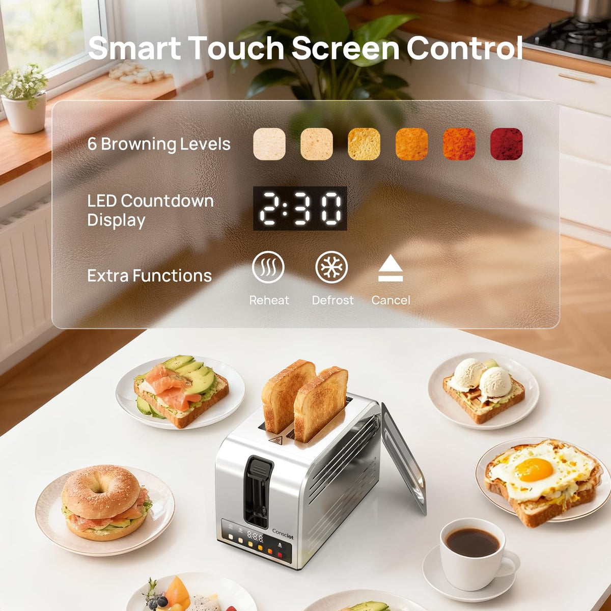 Consciot Toaster 2 Slice shows six shade settings for customized toasting