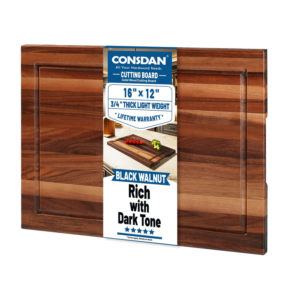 CONSDAN black walnut cutting board showing rich grain for stylish prep surfaces