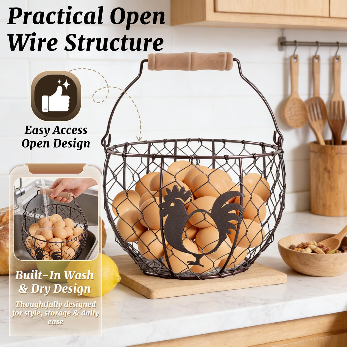 Consevisen egg basket with wooden handle for portable egg transport.
