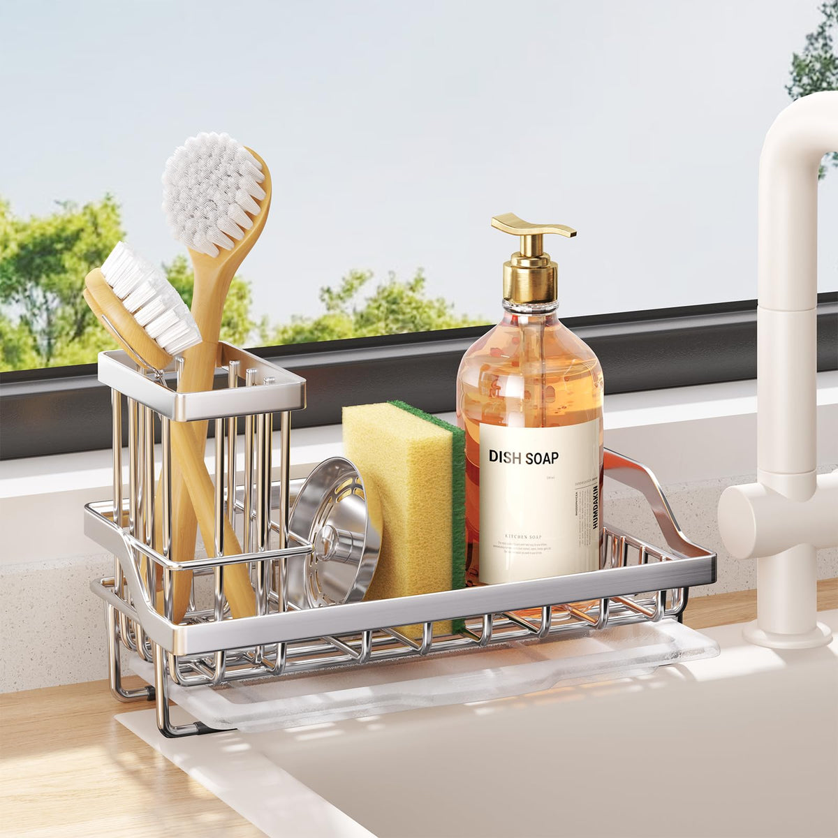 Consumest sink caddy on countertop keeping sponges organized and dry