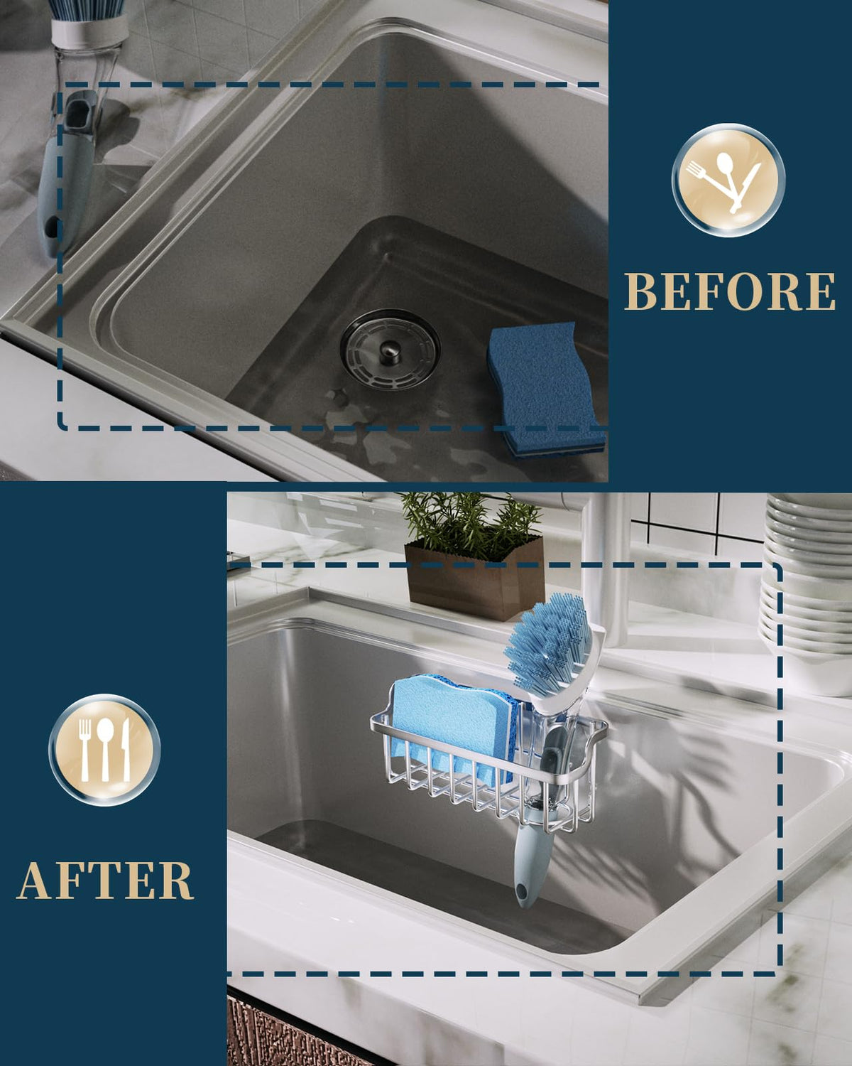 Consumest sponge holder with adhesive hook installs securely without glue marks