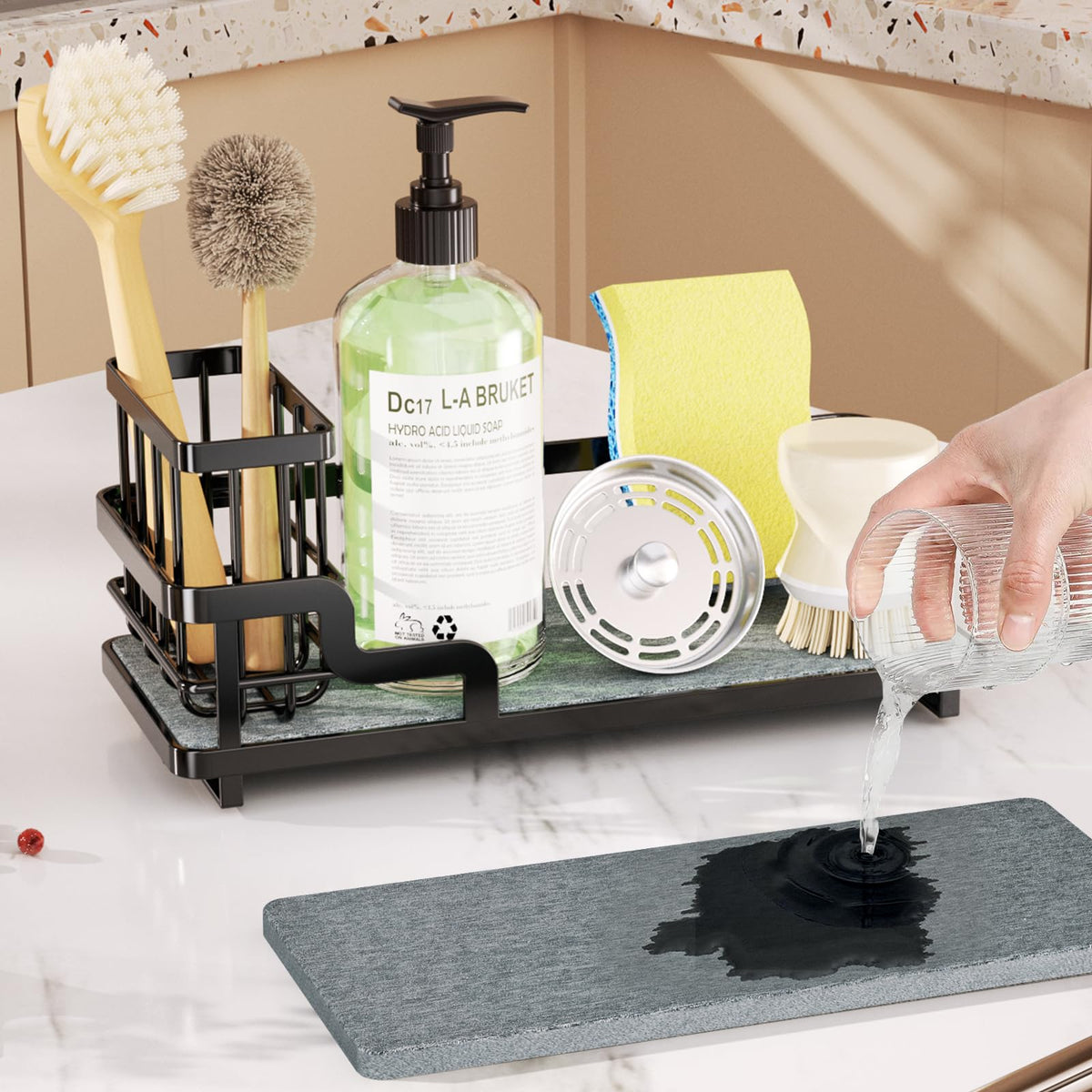 Consumest sponge holder in a compact kitchen setup for easy access.