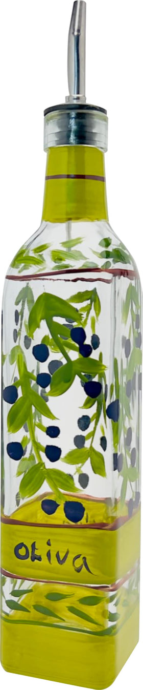 Containly hand-painted glass cruet with removable spout for easy filling and cleaning.