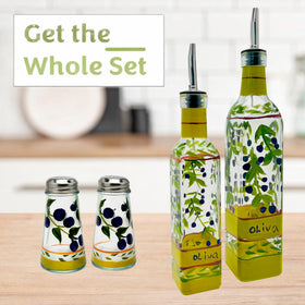 Containly kitchen decor cruet olive branch enhances decor while keeping oils neatly organized.
