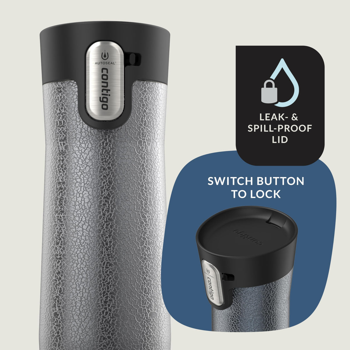 Contigo AUTOSEAL West Loop easy-clean lid close-up—one-handed drink with no leaks