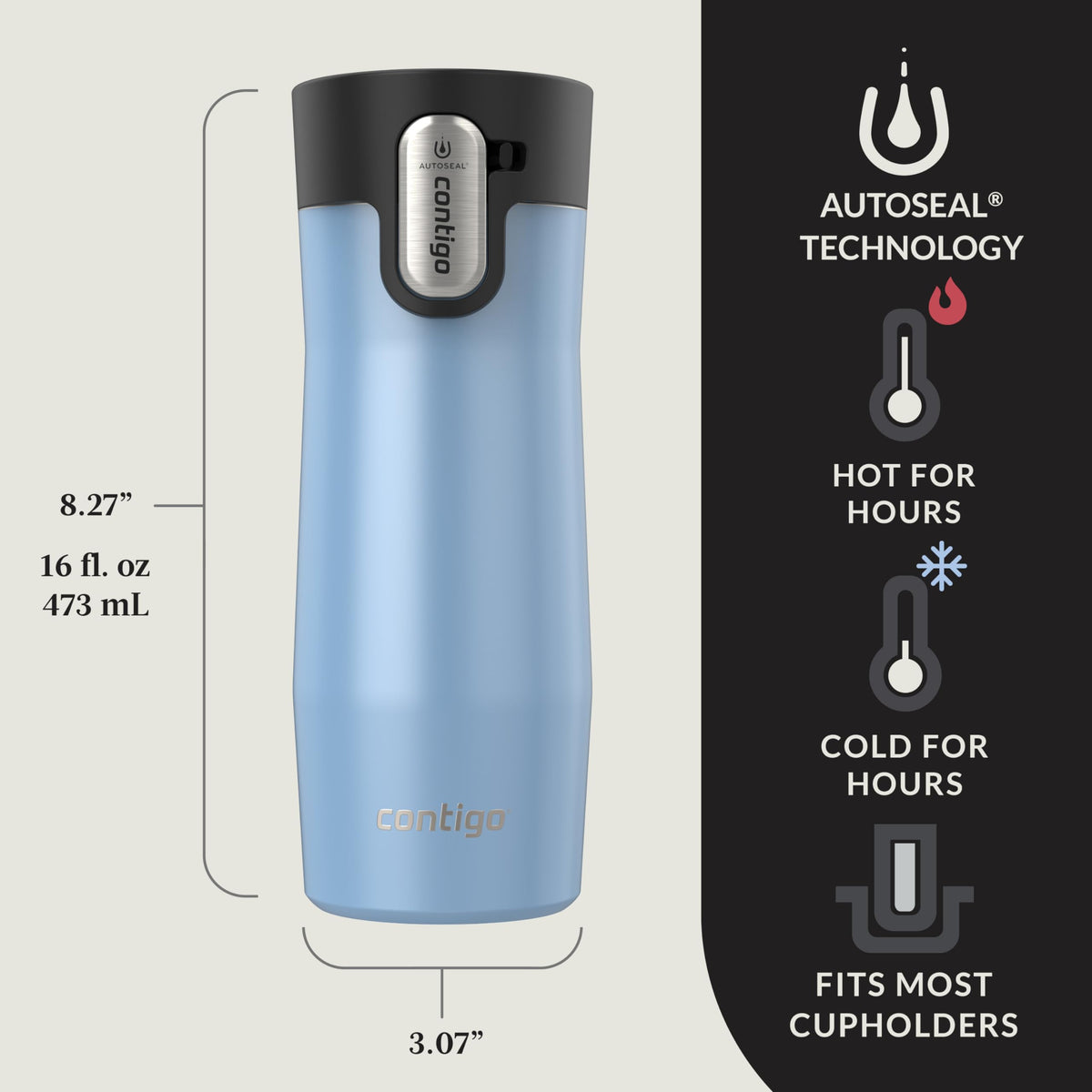 Contigo West Loop mug with THERMALOCK keeps drinks hot up to 11 hours or cold up to 24.