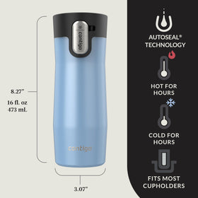Contigo West Loop mug with THERMALOCK keeps drinks hot up to 11 hours or cold up to 24.