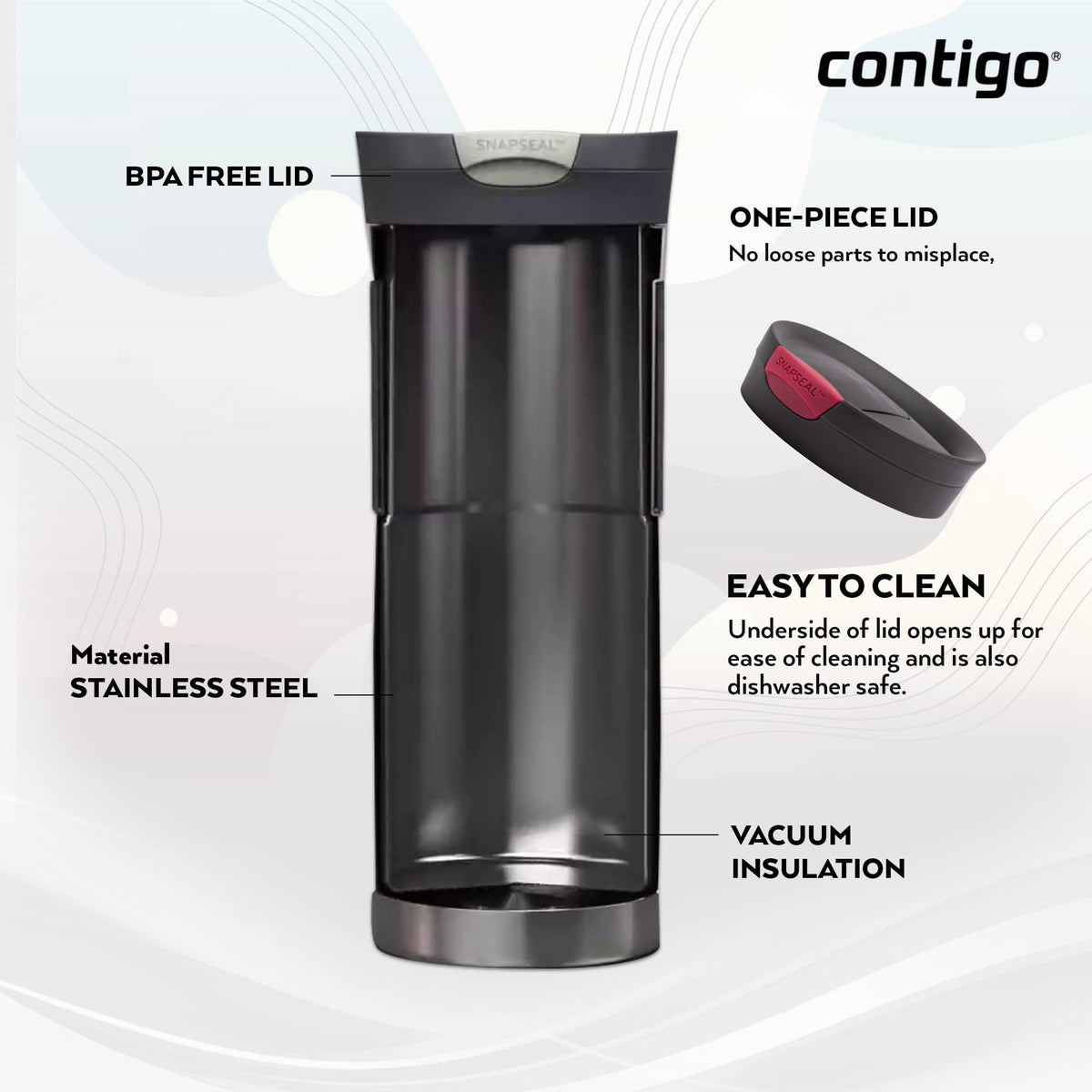 Contigo Byron Snapseal lid opens fully for easy cleaning.