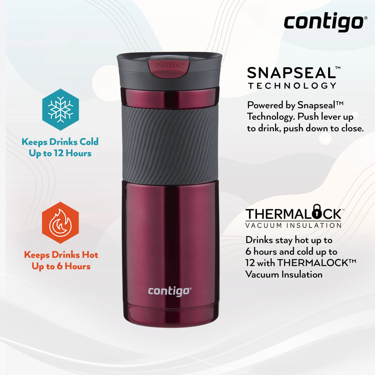 Contigo Byron Snapseal 590 ml mug keeps beverages hot up to 7 hours.