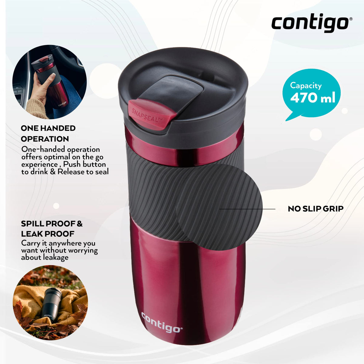 Contigo Byron Snapseal 720 ml mug offers larger capacity for long outings.
