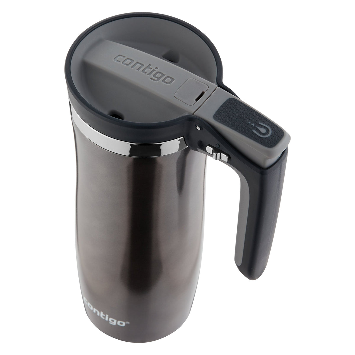 Contigo carrying handle on the lid for easy portability and cup-holder fit.