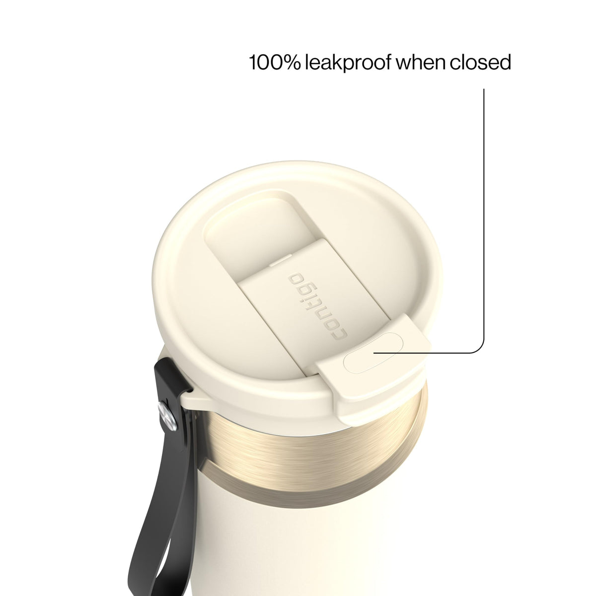 Contigo DualSip leakproof lock shows secure closure to prevent spills.