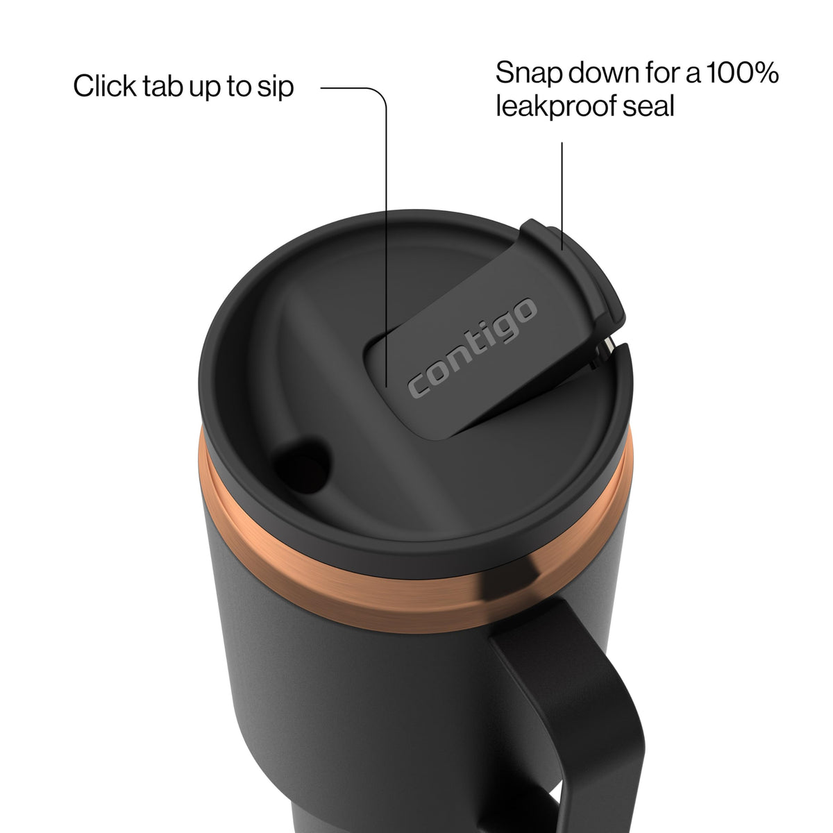 Contigo SnapSeal with easy-grip handle for comfortable one-handed carrying.