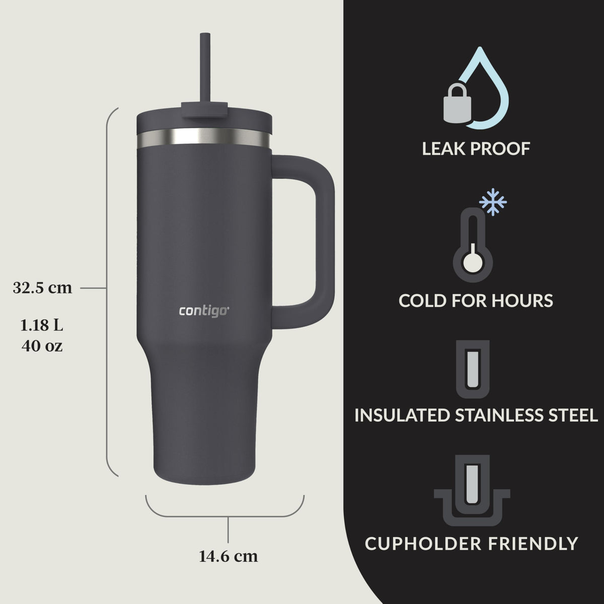 Contigo Streeterville 40oz tumbler darkstone fits most car cupholders for travel.