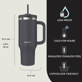 Contigo Streeterville 40oz tumbler darkstone fits most car cupholders for travel.