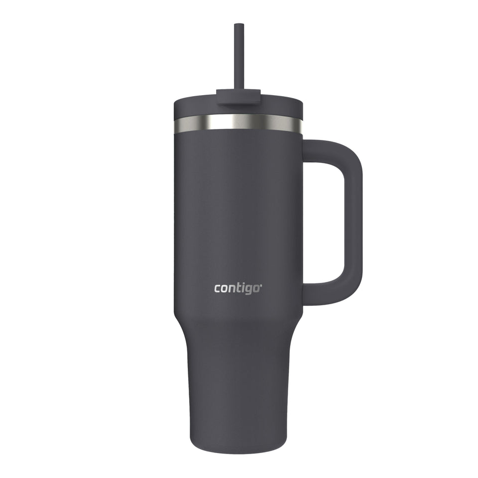 Contigo Streeterville 40oz tumbler darkstone front view showing spill-proof design for on-the-go hydration.