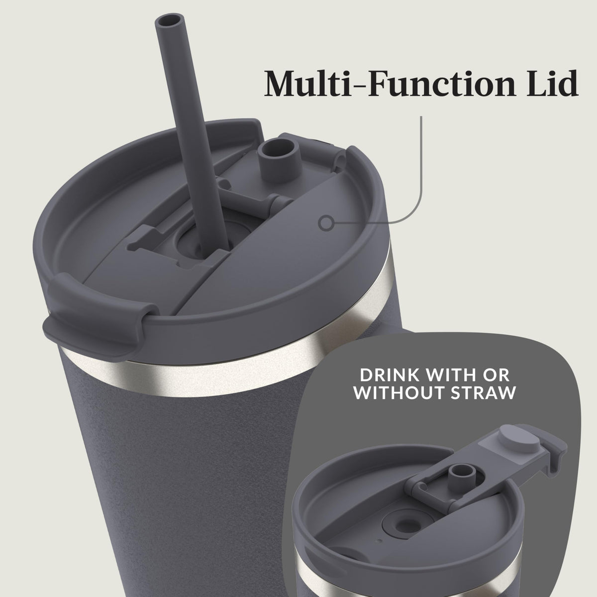 Contigo Streeterville 40oz tumbler darkstone double-wall vacuum insulation keeps beverages cold.