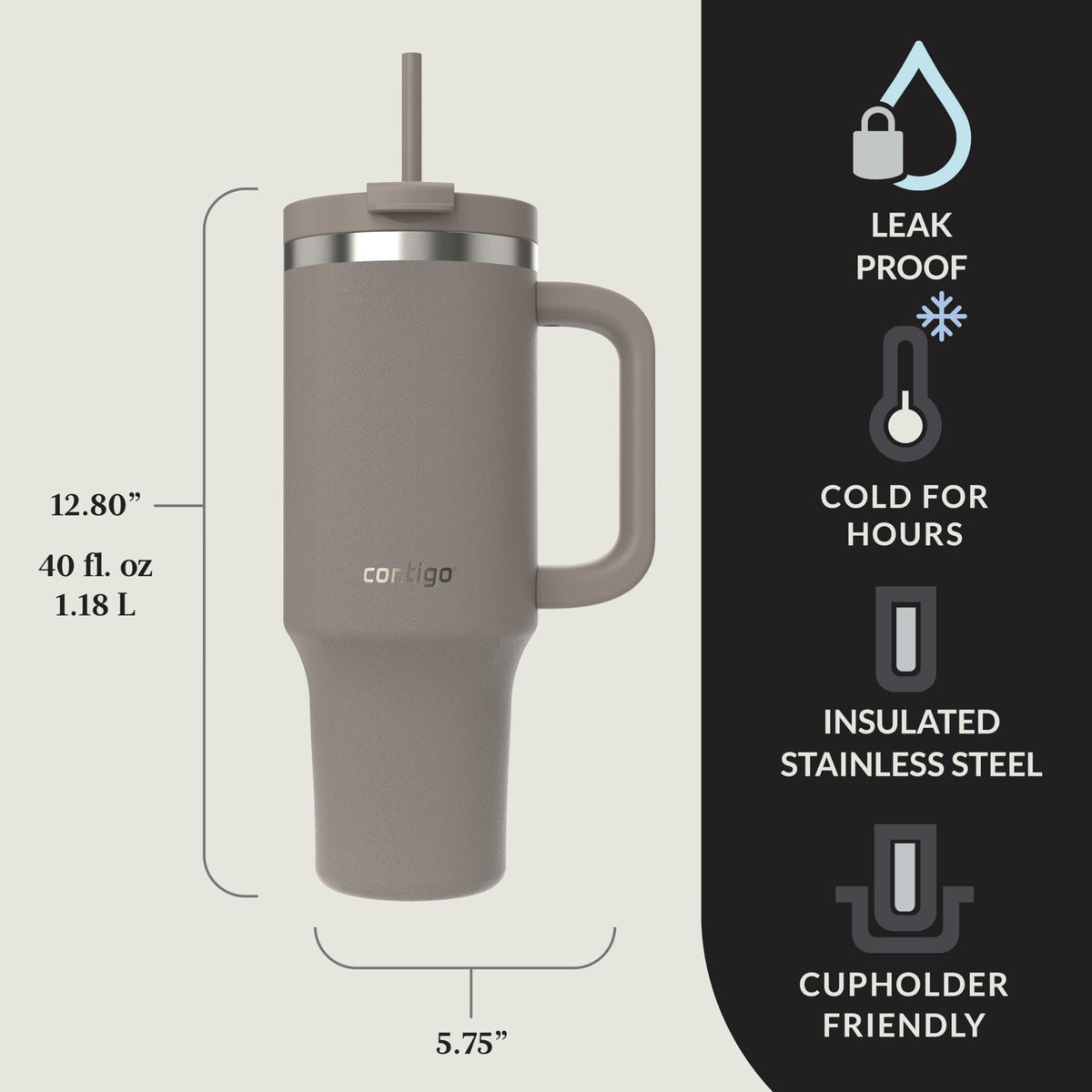 Contigo Streeterville 40oz tumbler handle on-the-go demonstrates easy portability.