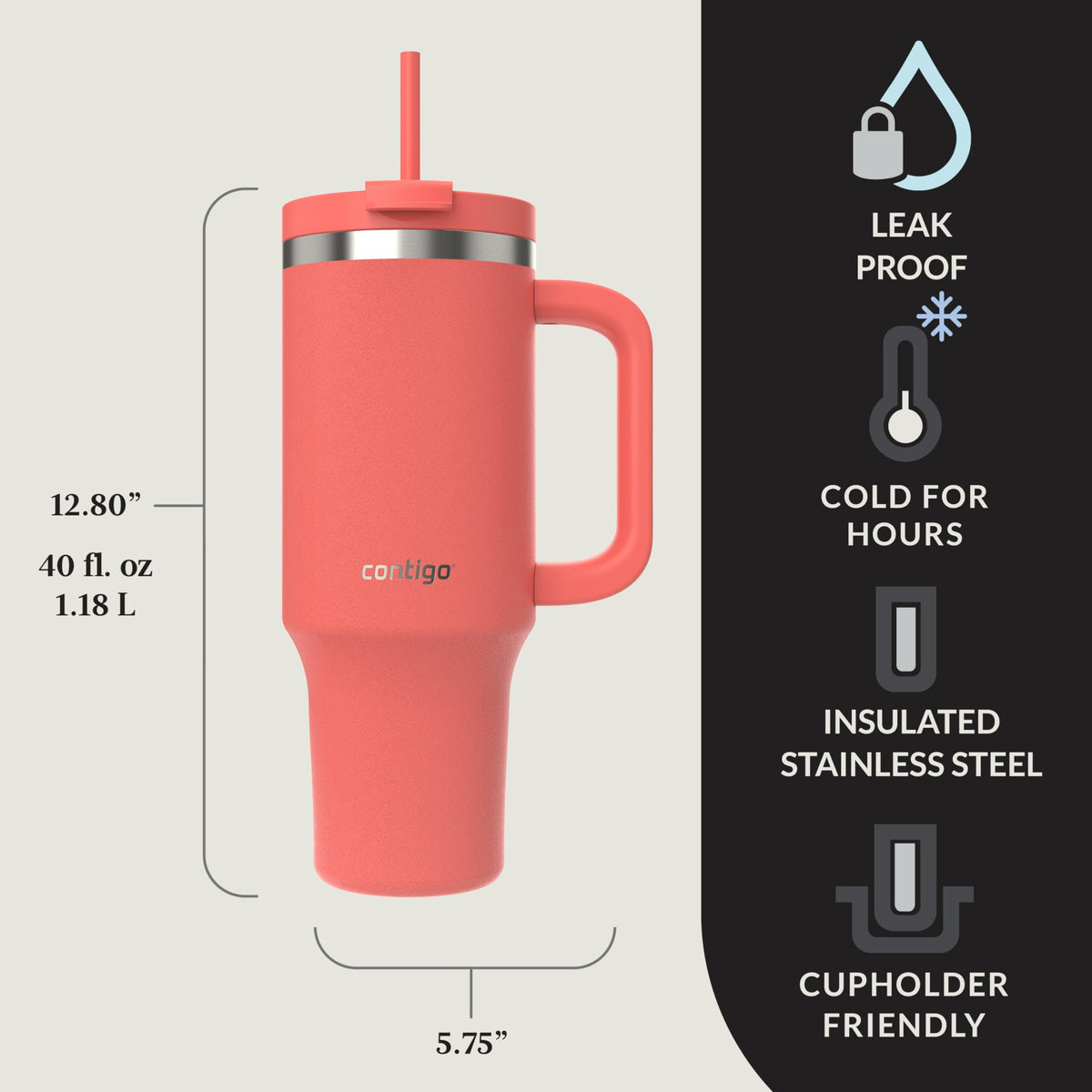 Leak-proof lid on Contigo Streeterville 40oz tumbler prevents spills during travel