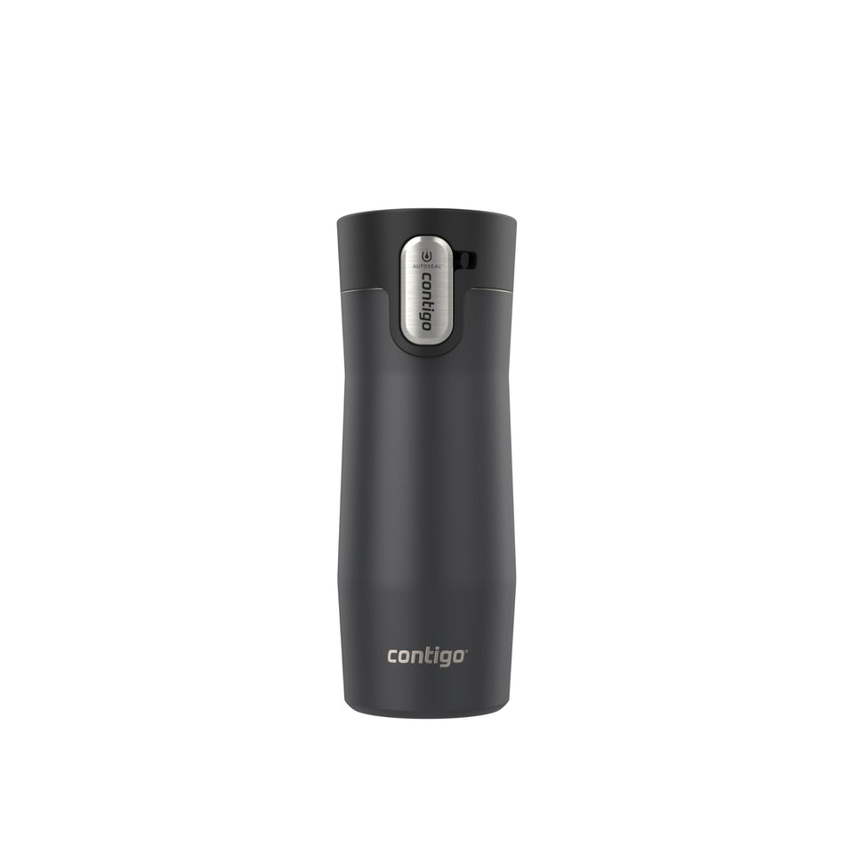 Contigo West Loop 16oz mug front view shows matte black finish for travel use