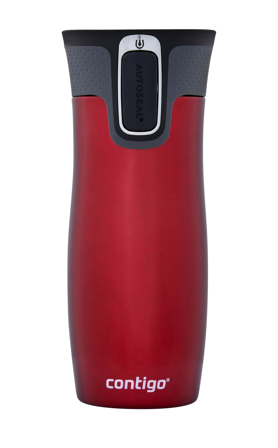 Contigo West Loop autoseal mug with lid open shows leakproof, on-the-go sipping.