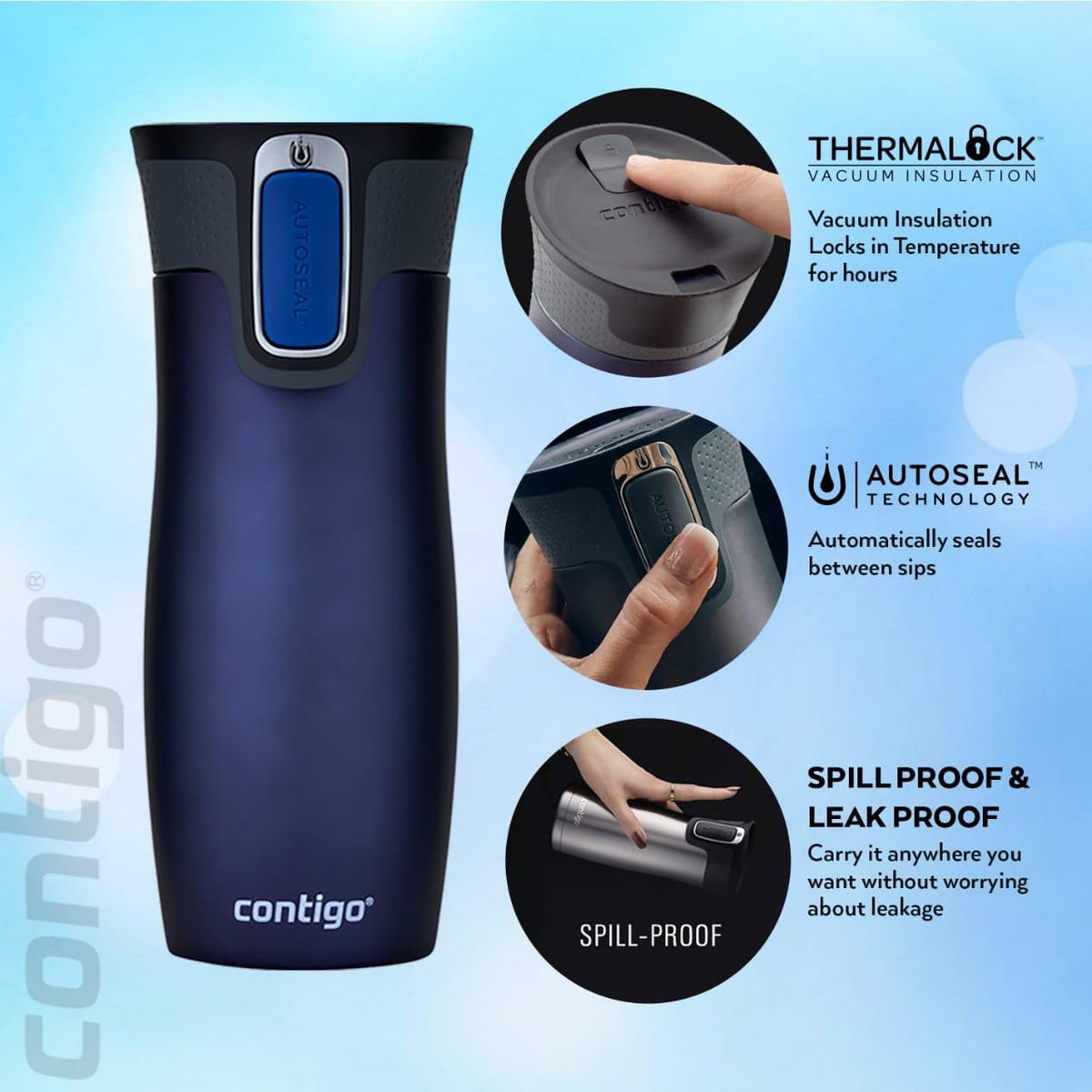 Contigo West Loop Autoseal mug stainless body resists sweating.