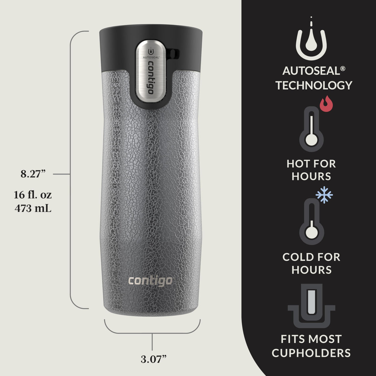 Contigo West Loop lid shown as leakproof for spill-free travel.