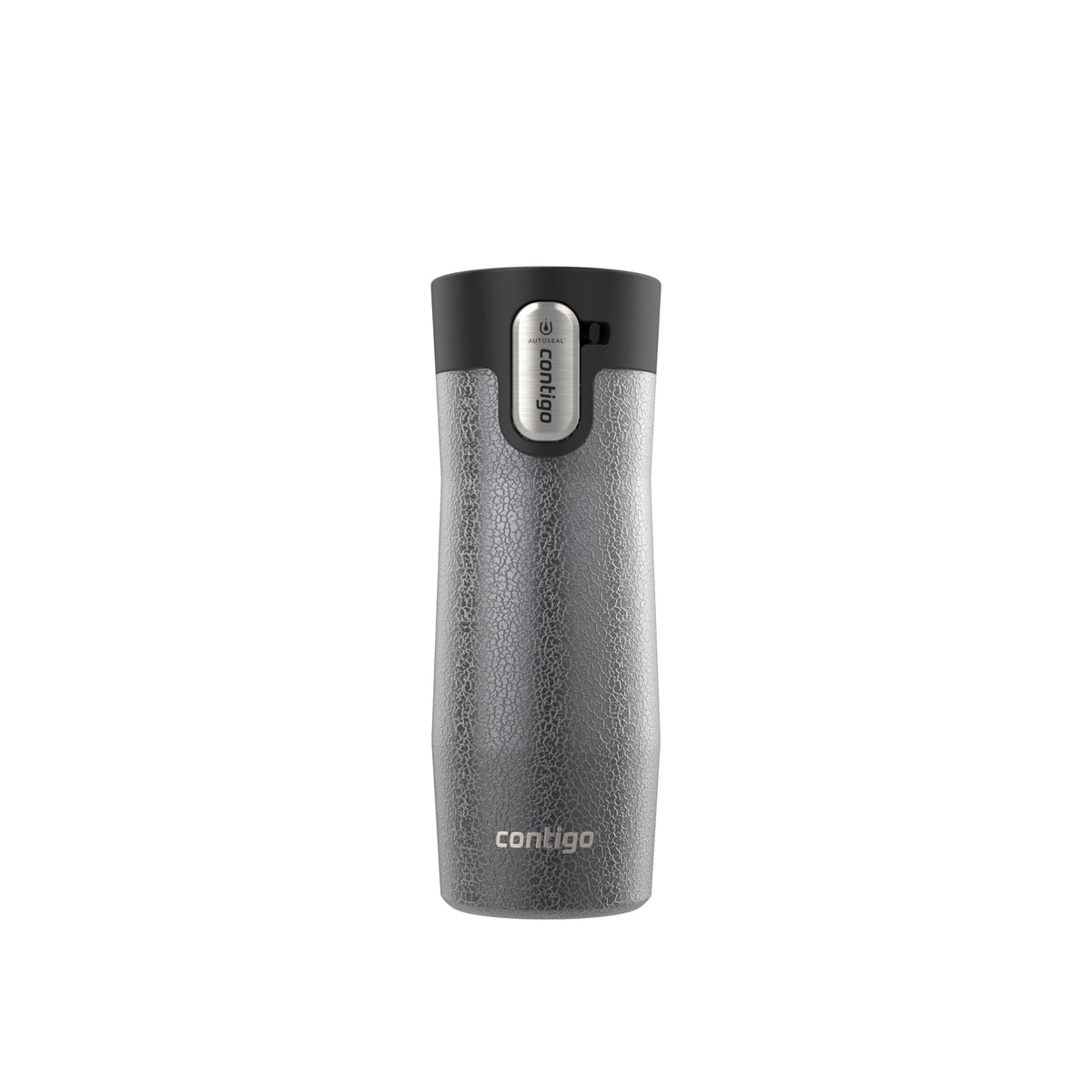 Contigo West Loop mug showing press-to-drink action for easy one-handed use.
