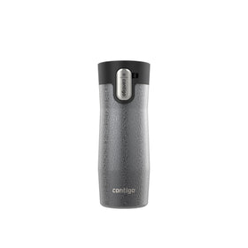 Contigo West Loop mug showing press-to-drink action for easy one-handed use.