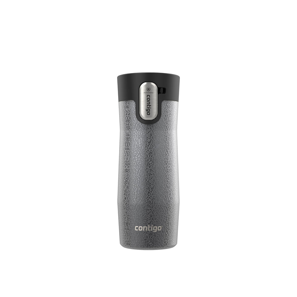 Contigo West Loop mug showing press-to-drink action for easy one-handed use.