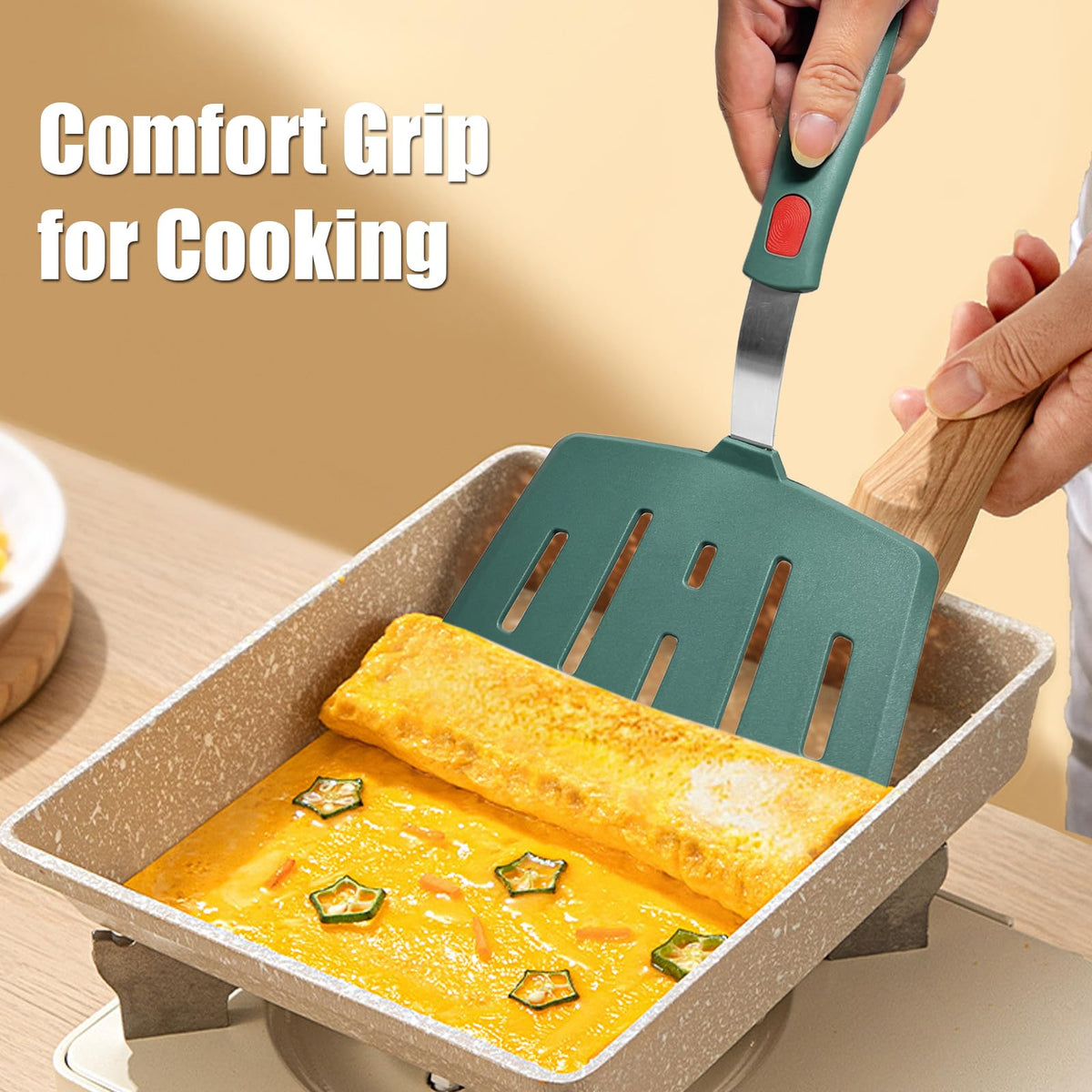 Contiup spatula head with wide slots in green, fits large portions safely.