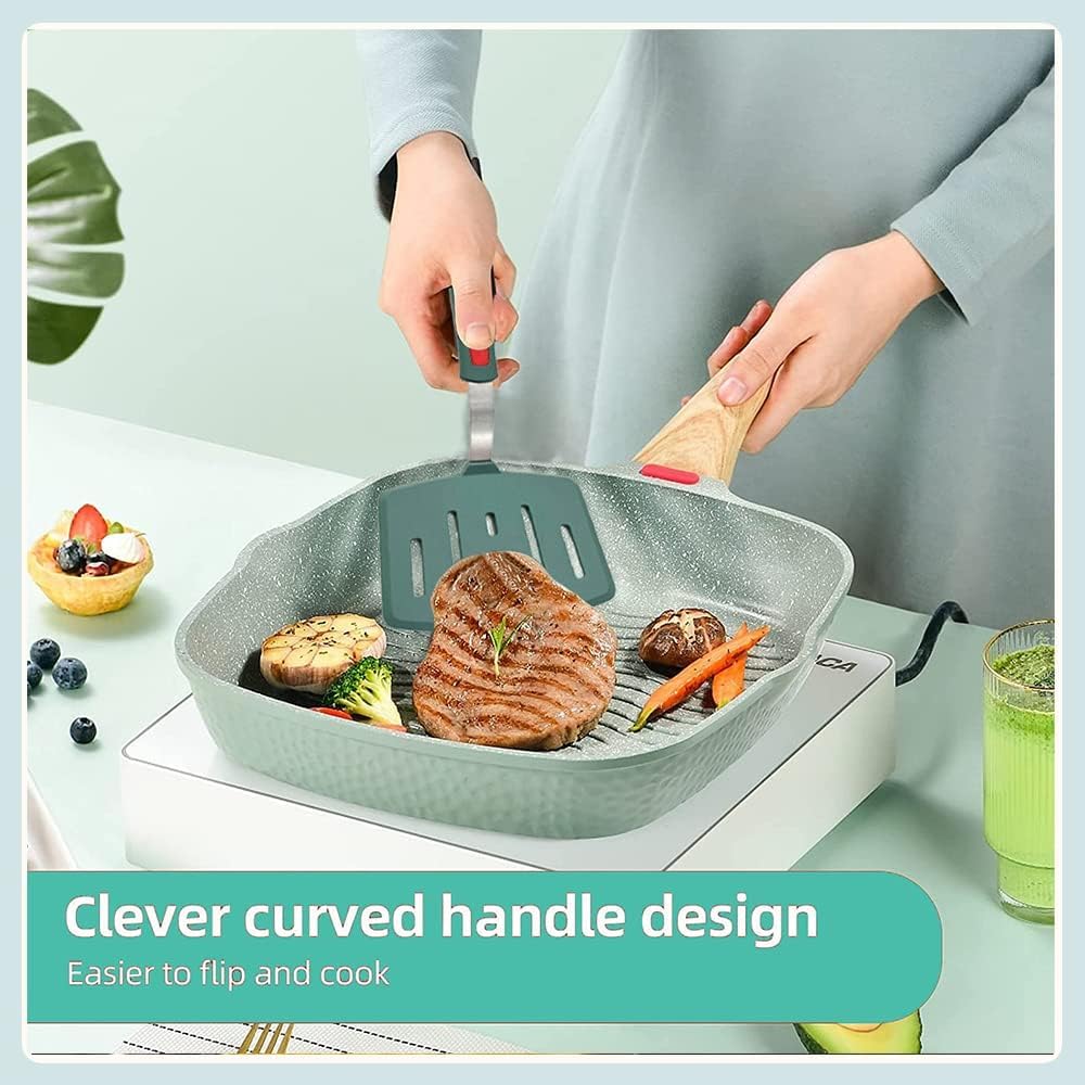 Dishwasher-safe Contiup spatula with silicone head and stainless steel core in green.