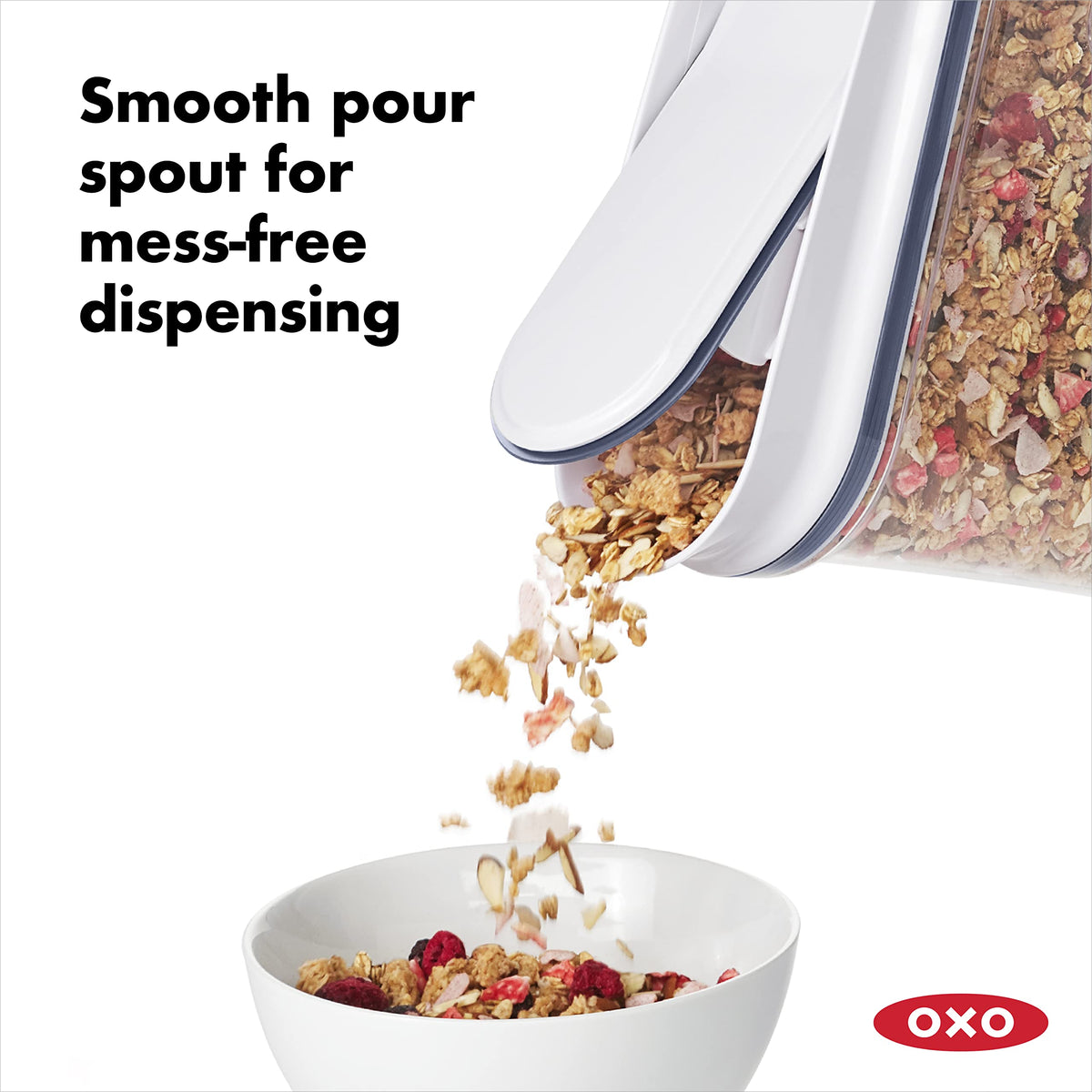 OXO Good Grips POP cereal dispensers contoured for easy pouring.