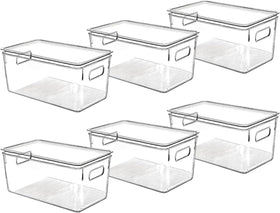 Control Kitchen clear storage bin with lid for pantry organization.