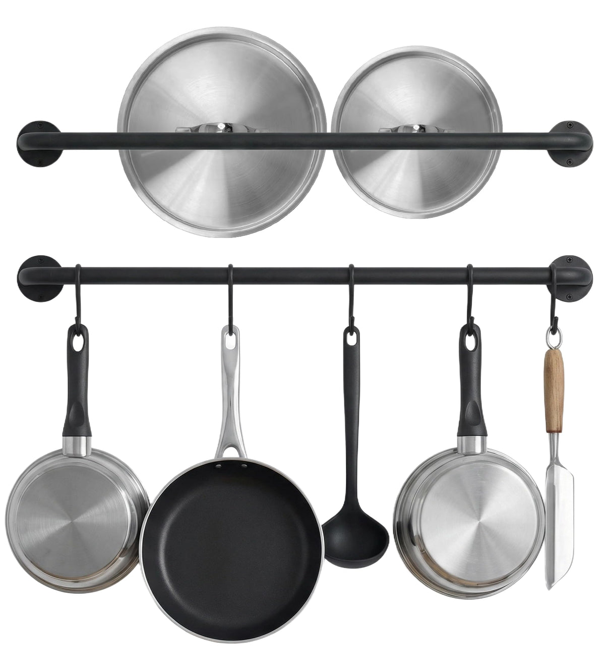 Conwithna black steel wall mounted pot rack holding pans for easy access and space saving