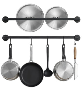 Conwithna black steel wall mounted pot rack holding pans for easy access and space saving