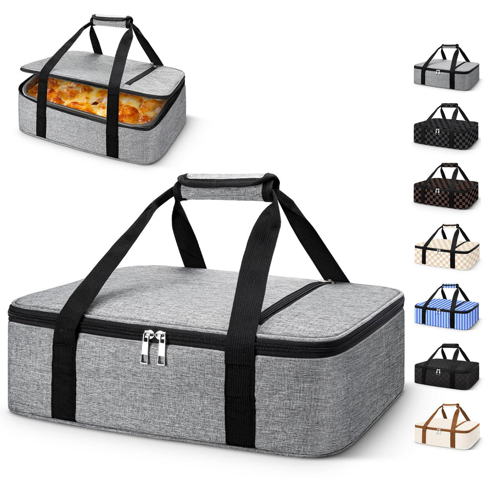 Coobiiya insulated casserole carrier grey with closed lid keeps dishes warm, ideal for potlucks