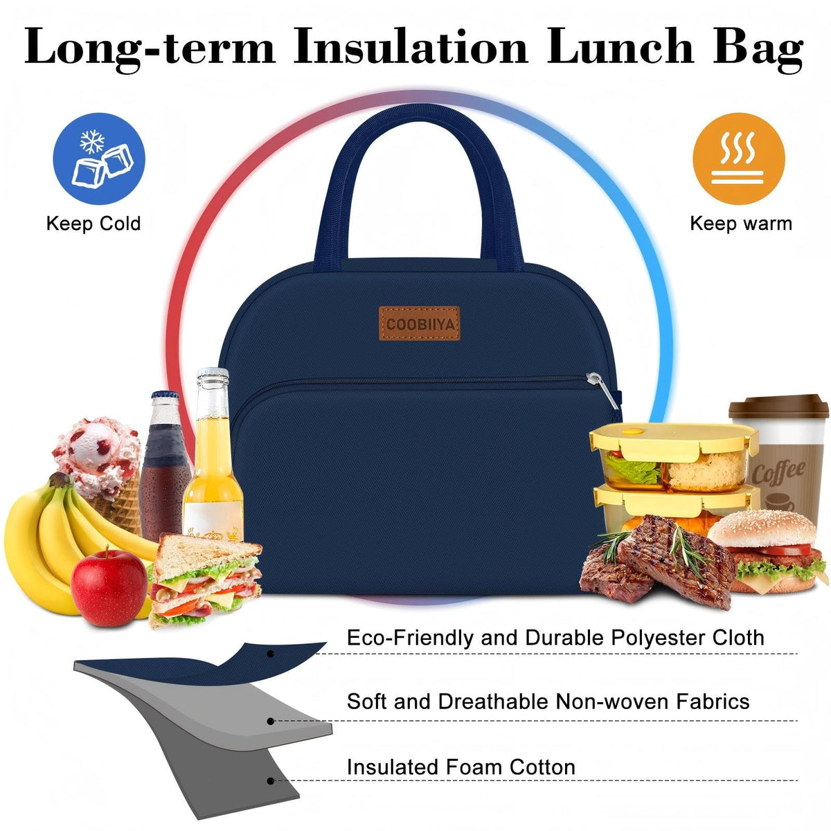 Coobiiya lunch bag navy blue durable exterior for daily use.