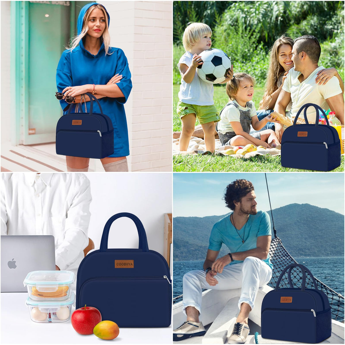 Coobiiya lunch bag navy blue compact design fits in fridges and bags.