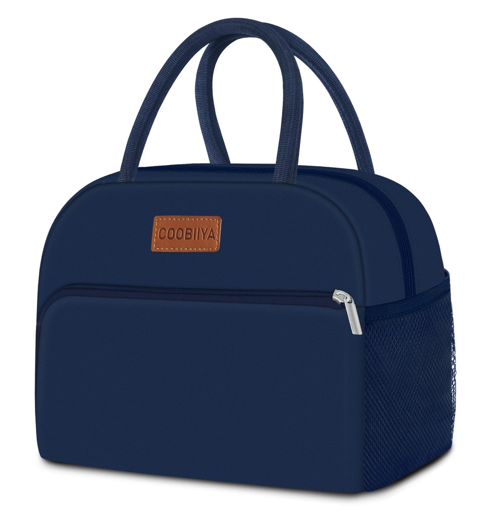 Coobiiya lunch bag navy blue front view with secure front pocket for essentials.