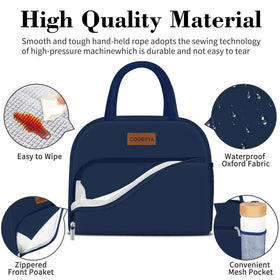 Coobiiya lunch bag navy blue insulation liner demonstrates cooling and warming capability.