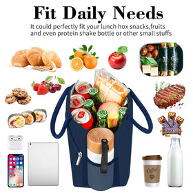Coobiiya lunch bag navy blue open top showing spacious interior for meals.