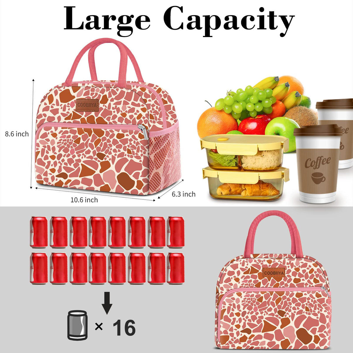 Coobiiya lunch bag pink leopard side pocket for organized storage